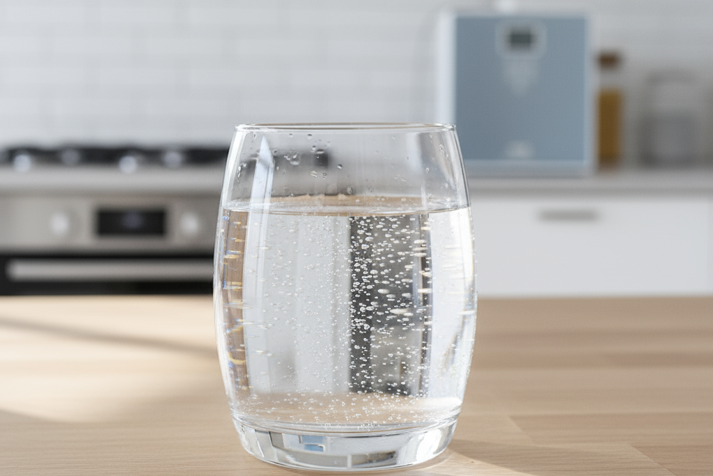 bicchiere con acqua pura e bolle di idrogeno molecolare disciolto, sullo sfondo Generation 2 ionizzatore acqua alcalina